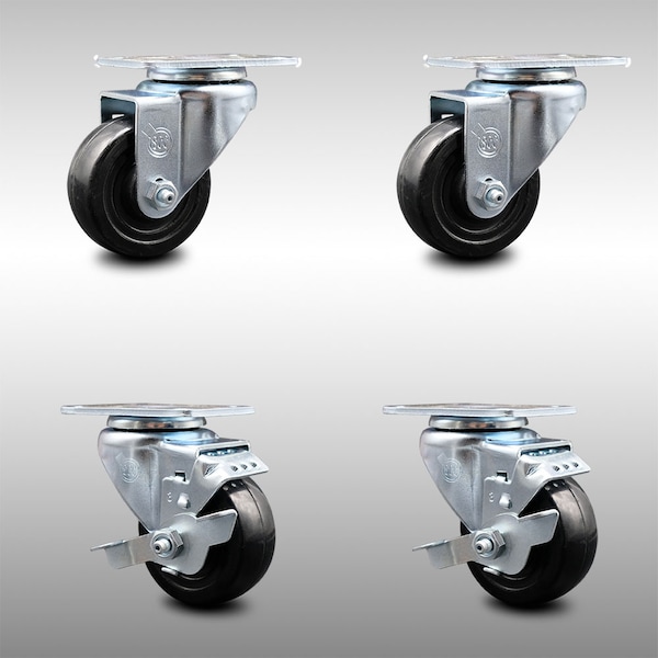 3.5 Inch SS Hard Rubber Wheel Swivel Top Plate Caster Set with 2 Brakes SCC